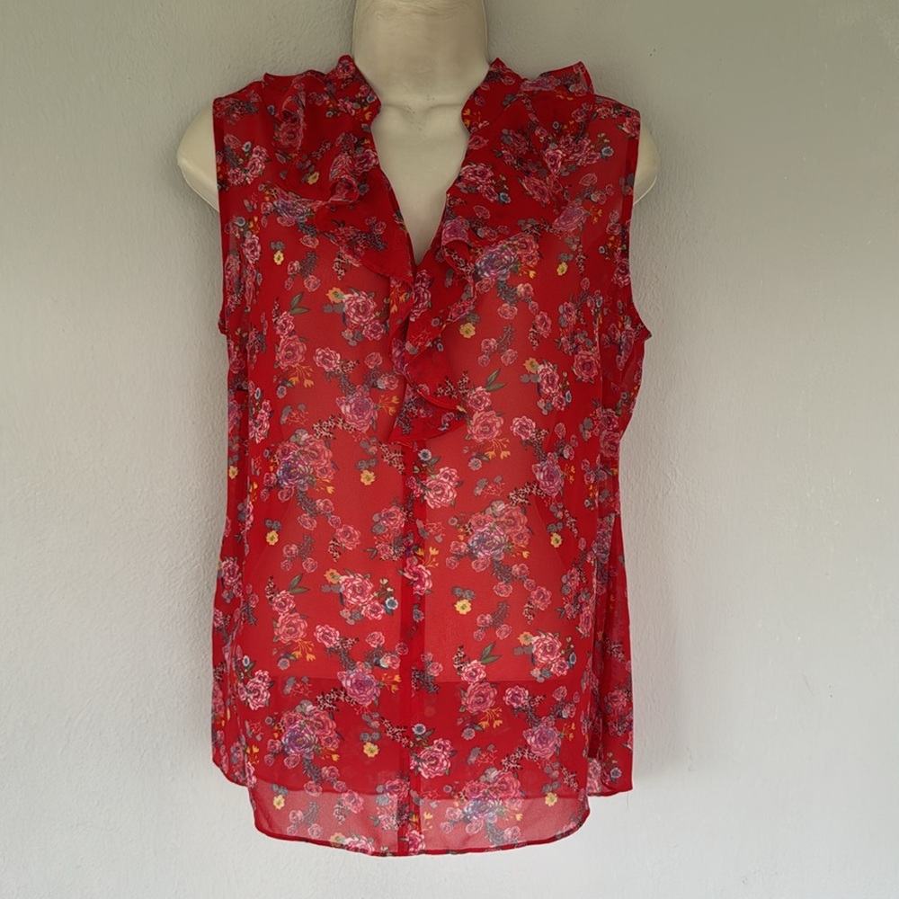 CAbi red floral sleeveless ruffle trim sheer fabric blouse size small - Picture 3 of 11